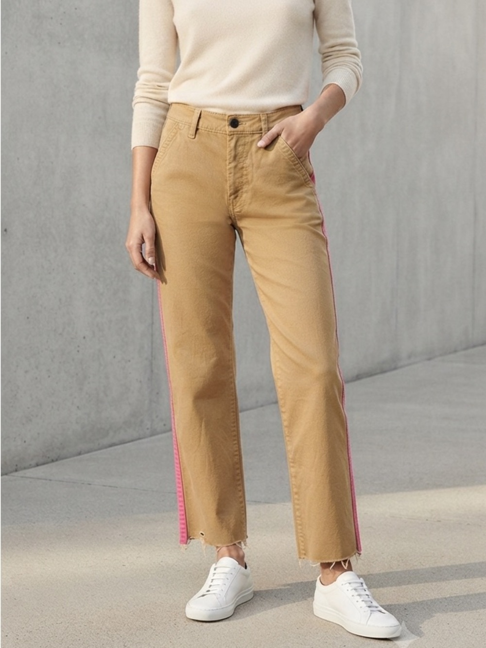 New Abercrombie Beige Highrise Straight Ankle Pants Pink Stripe Size 26 Cotton